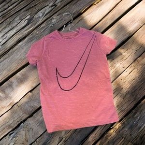 GIRLS NIKE L 12 14 PINK MARLED DRI-FIT LOGO OUTLINE CREWNECK TEE TOP